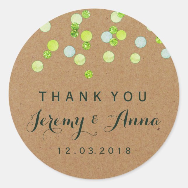 Adesivo Redondo Green Kraft Confetti Obrigado. (Frente)