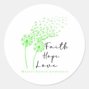 Adesivo Redondo Green Ribbon Dandelion Faith Hope Mental Health Aw