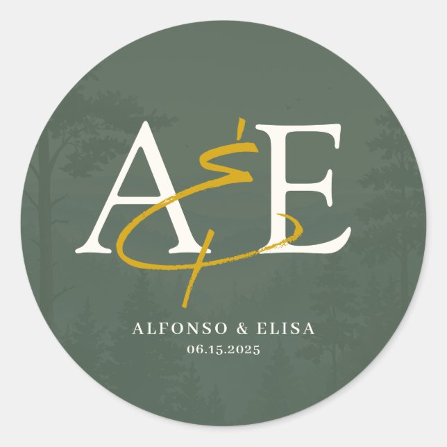 Adesivo Redondo Green Rustic Forest Watercolor Wedding (Frente)