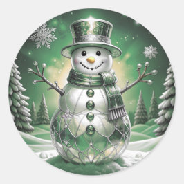 Adesivo Redondo Green Snowman Snowflakes Holiday Sticker
