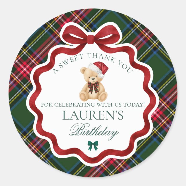 Adesivo Redondo Green Tartan Plaid Christmas Bear Birthday Favor (Frente)