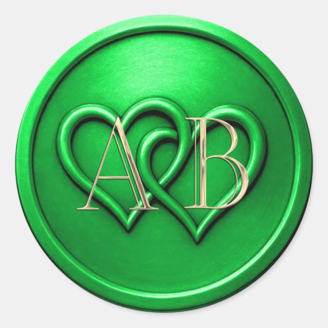 Adesivo Redondo Green Two Hearts Intertwined Monogram Wedding (Frente)