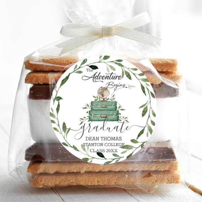 Adesivo Redondo Greenery Adventure Inicia Favor de Graduação de Vi (greenery stacked suitcases adventure begins graduation farewell party round sticker labels favors)