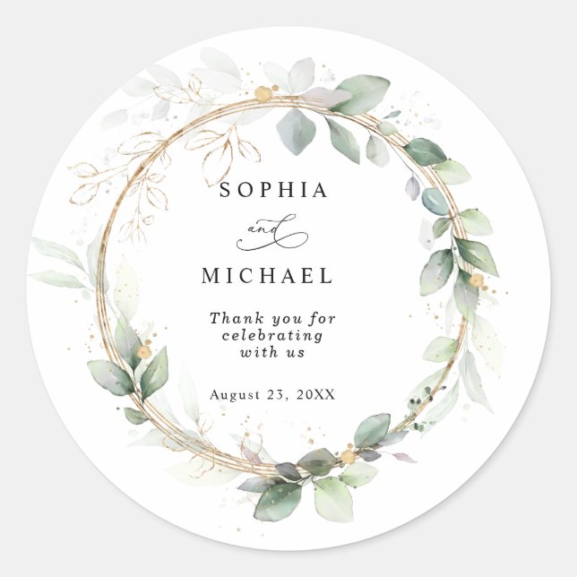 Adesivo Redondo Greenery and Gold Wedding Sticker (Frente)