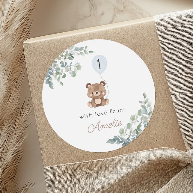 Adesivo Redondo Greenery Balloon Teddy Bear Primeiro Aniversário N (Criador carregado)