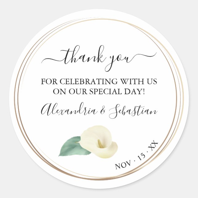 Adesivo Redondo Greenery Calla Lily Casamento Obrigado (Frente)