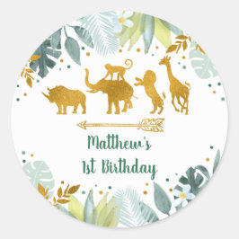 Adesivo Redondo Greenery Dourado Safari Animal Birthday