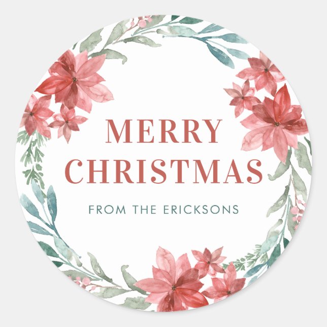 Adesivo Redondo Greenery e Poinsettia Wreath Natal (Frente)
