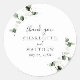 Adesivo Redondo Greenery Eucalyptus Obrigado Casamento Dourado