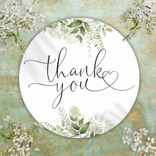 Adesivo Redondo Greenery Floral Heart Script Obrigado (Greenery Floral Heart Script Thank You Classic Round Sticker)