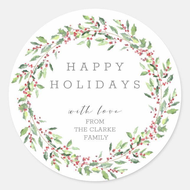 Adesivo Redondo Greenery Holly Wreath Happy Holidays Sticker (Frente)