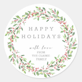 Adesivo Redondo Greenery Holly Wreath Happy Holidays Sticker