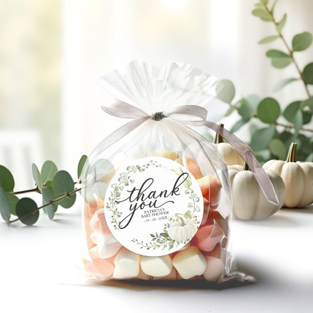 Adesivo Redondo Greenery Pumpkin Fall Chá de fraldas Obrigado (Criador carregado)