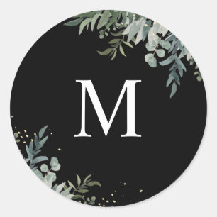 Adesivo Redondo Greenery Selo de Envelope Monograma Preto