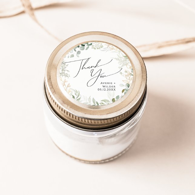 Adesivo Redondo Greenery Whimsical Dourado Obrigado Favor do Casam (Criador carregado)