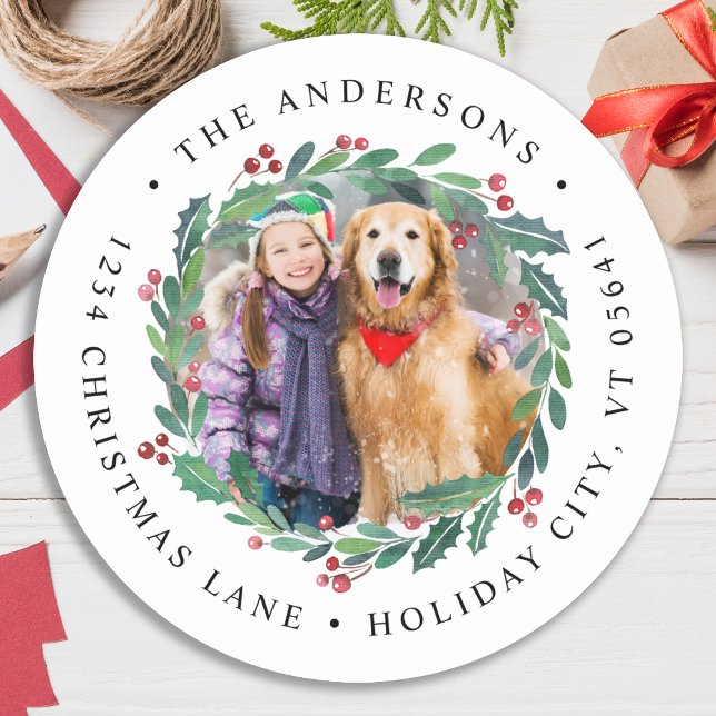 Adesivo Redondo Greenery Wreath Christmas Photo Return Address (Criador carregado)