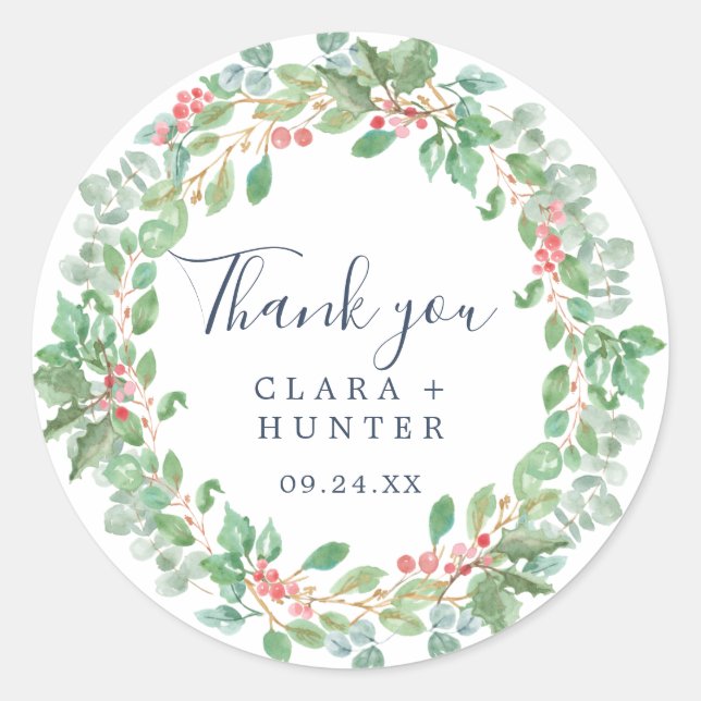 Adesivo Redondo Greenery Wreath de Natal Obrigado Favor Sticker (Frente)