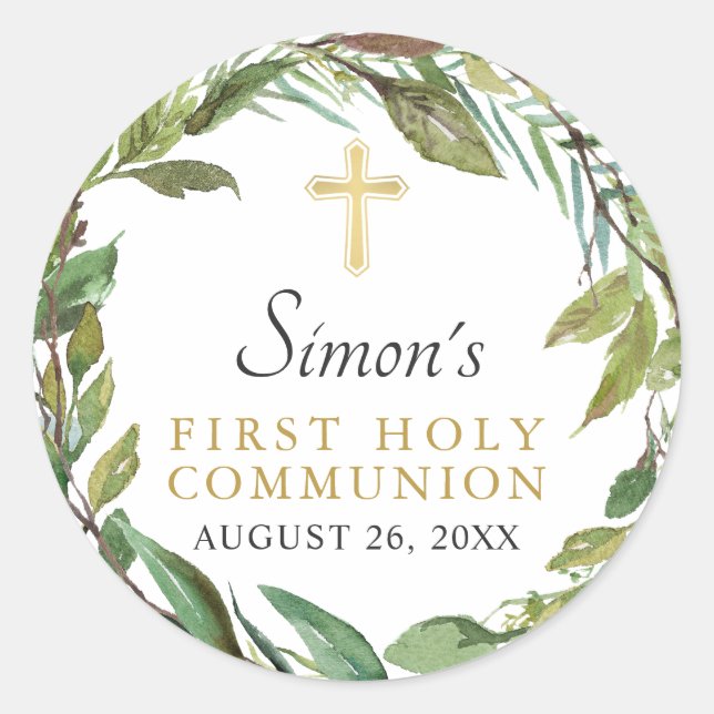 Adesivo Redondo Greenery Wreath Primeira Comunhão Sagrada Obrigado (Frente)