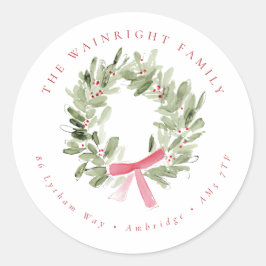 Adesivo Redondo Greenery Wreath & Red Bow Holiday Return Address