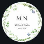 Adesivo Redondo Greenery Wreath Wedding Monograma Sticker<br><div class="desc">Vinheta/Etiqueta De Casamento De Verrugas Florais</div>