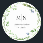 Adesivo Redondo Greenery Wreath Wedding Monograma Sticker<br><div class="desc">Vinheta/Etiqueta De Casamento De Verrugas Florais</div>