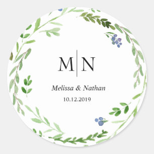 Adesivo Redondo Greenery Wreath Wedding Monograma Sticker