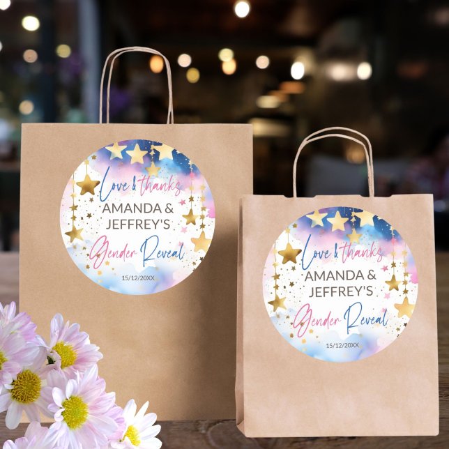 Adesivo Redondo Grelha brilhando pequeno gênero estrelado revela f (Twinkle twinkle little star gender reveal favor stickers pink and blue gold stars thank you stickers)