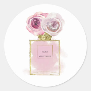 Adesivo Redondo Grelha Floral Frasco de Perfume Rosas Rosa Dourada