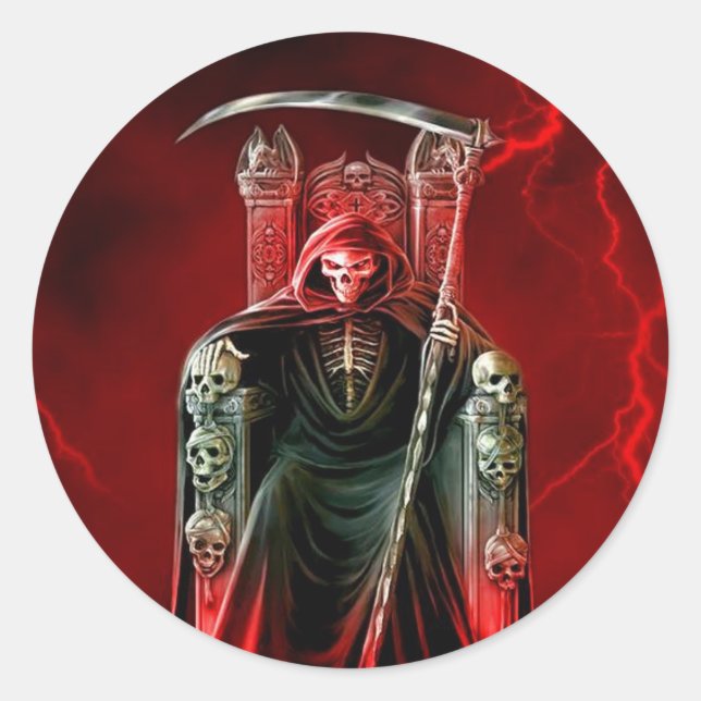 Adesivo Redondo Grim Reaper Em Seu Trono (Frente)