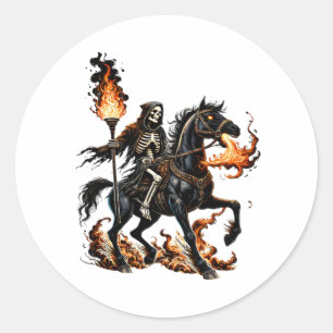Adesivo Redondo Grim Reaper Skeleton Andando Chamas de Cavalo