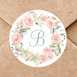Adesivo Redondo Grinalda de Flores Rosa Pastel Monogramada
