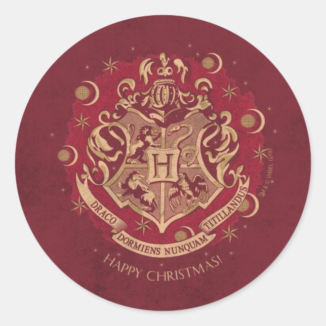 Adesivo Redondo Grinalda de Natal com Brasão da HOGWARTS™ Vermelha (Frente)