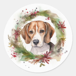 Adesivo Redondo Grinalda de Natal de Beagle Cachorro Festivo