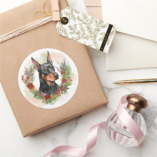 Adesivo Redondo Grinalda de Natal de Doberman Cachorro Festivo