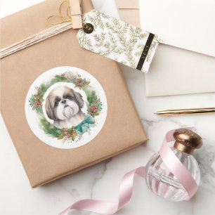 Adesivo Redondo Grinalda de Natal de Shih Tzu Cachorro Festivo