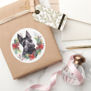 Adesivo Redondo Grinalda de Natal do Terrier Escocês Cão Festivo