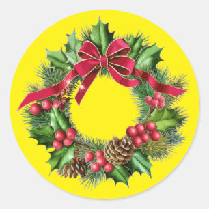 Adesivo Redondo Grinalda de Natal Elegante com Laço Vermelho, Azev