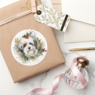 Adesivo Redondo Grinalda de Natal Havanese Cachorro Festivo