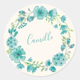 Adesivo Redondo Grinalda Floral Aqua Verde Nome Personalizado Prim