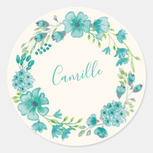 Adesivo Redondo Grinalda Floral Aqua Verde Nome Personalizado Prim