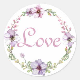 Adesivo Redondo Grinalda Floral de Aquarela Lavanda Amor Roxo