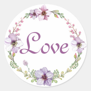 Adesivo Redondo Grinalda Floral de Lavanda em Aquarela Amor Roxo