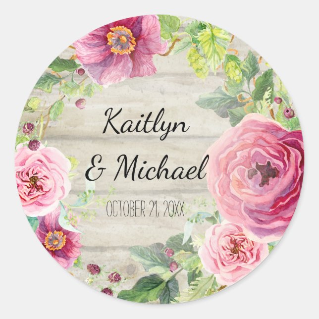 Adesivo Redondo Grinalda floral de madeira rústica da peônia (Frente)