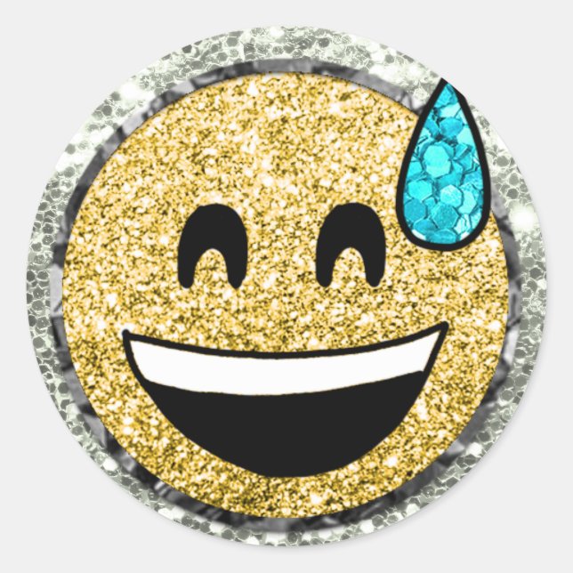 Adesivo Redondo *~* Grinning Face Suor Emoji AP40 Dourada Glitter (Frente)
