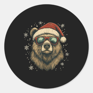 Adesivo Redondo Grizzly Bear Chapéu de Papai Noel Engraçado Fofinh