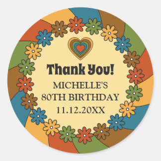 Adesivo Redondo Groovy 1960s Flowers Hearts Waves in Retro Colors