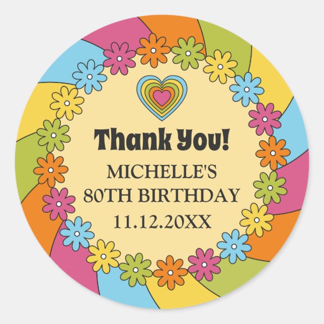 Adesivo Redondo Groovy 1960s Retro Colorful Flowers Hearts Waves  (Frente)