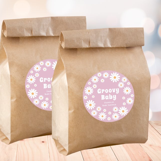 Adesivo Redondo Groovy Baby Girl Chá Flor Daisie Rosa (daisy baby girl shower favors sticker pink daisy wreath daisies flower power)