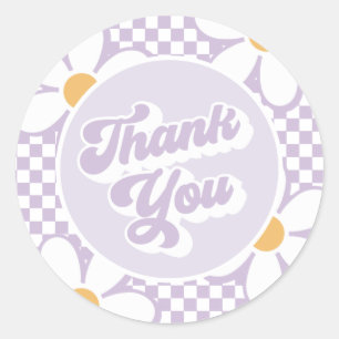Adesivo Redondo Groovy Baby Purple Daisy Checker Obrigado
