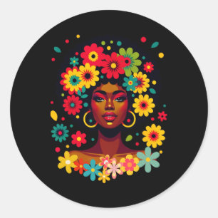 Adesivo Redondo Groovy Black Woman Melanin Com Flores Afro Pride